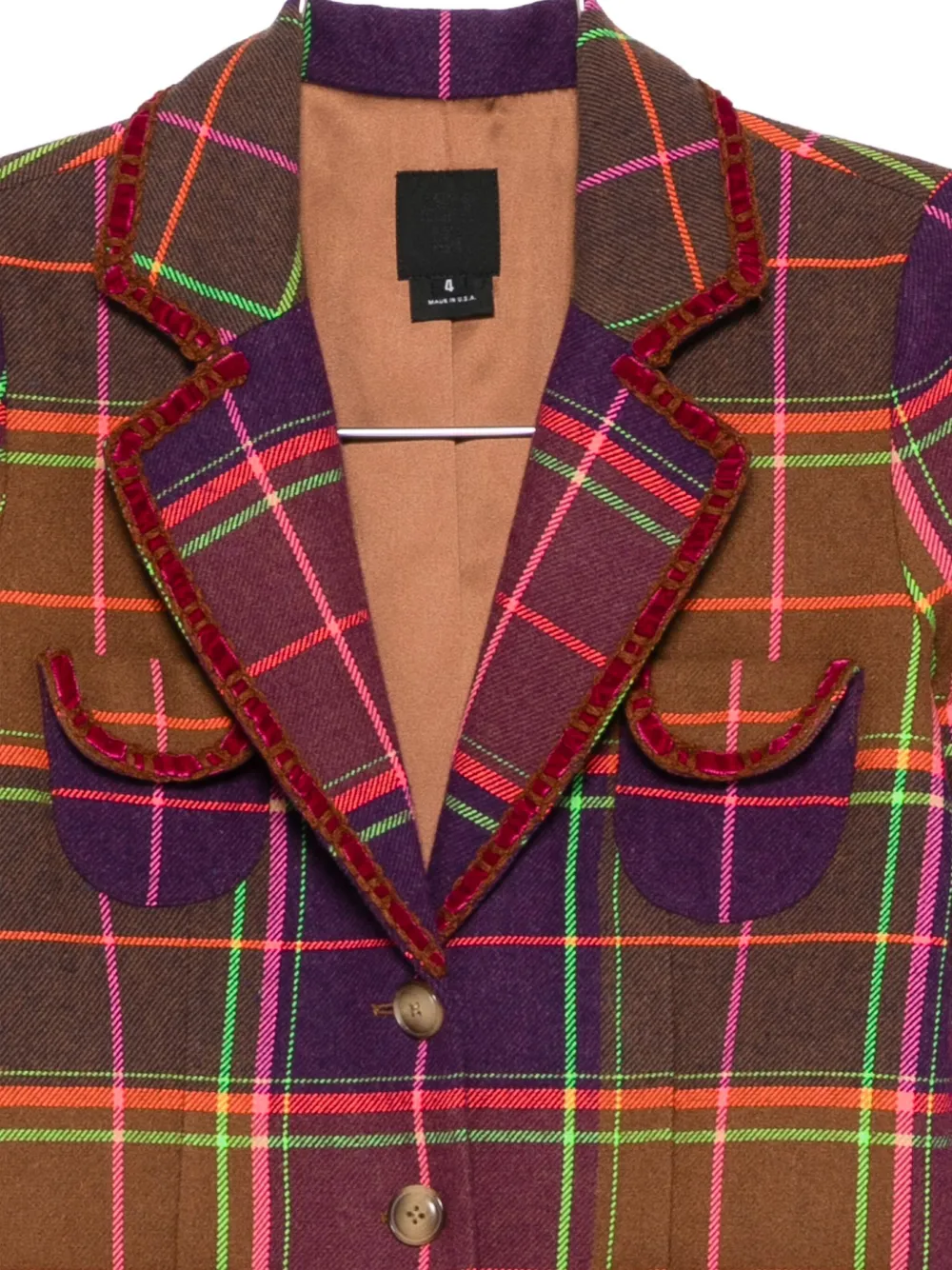 Anna Sui Caramel And Magenta Plaid Ribbon Jacket In Multi