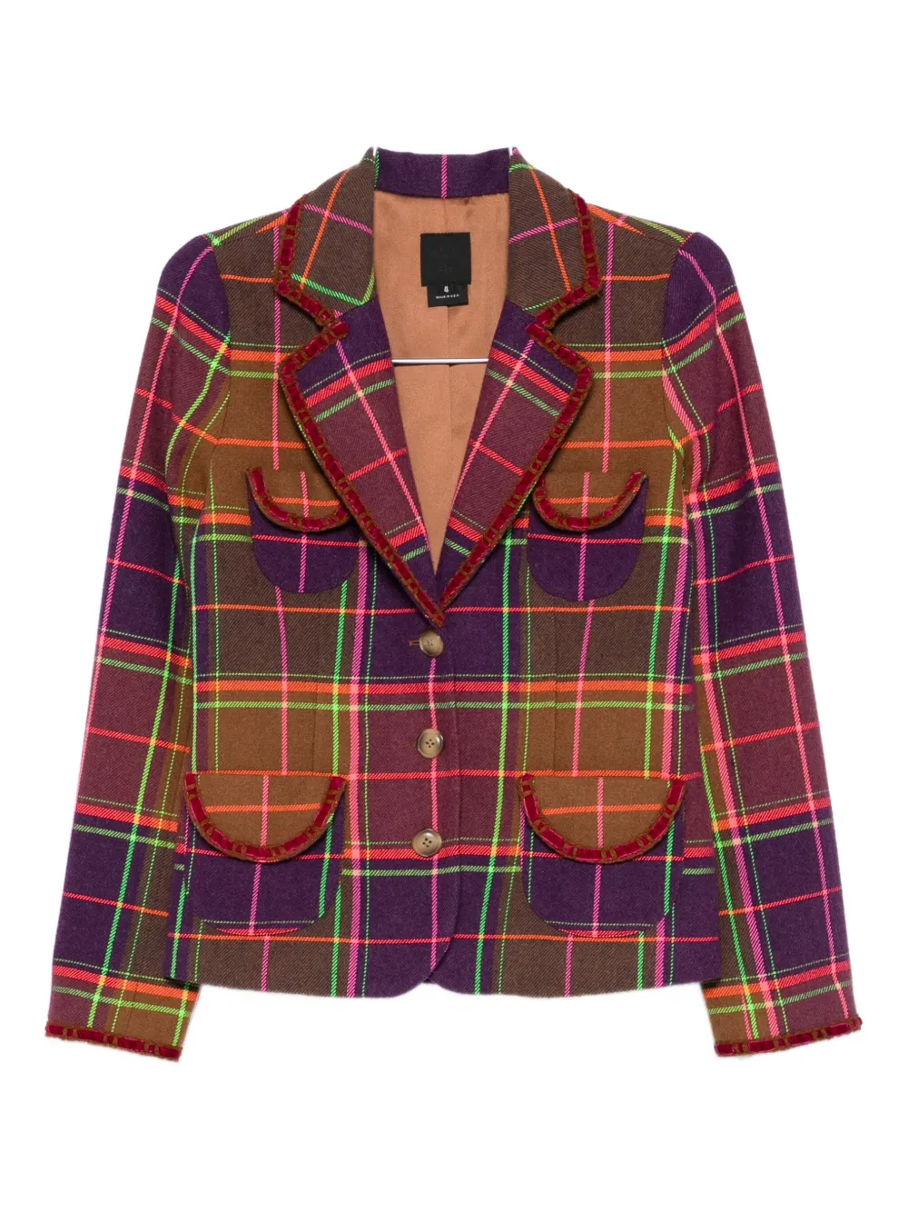 Anna Sui Caramel And Magenta Plaid Ribbon Jacket In Multi