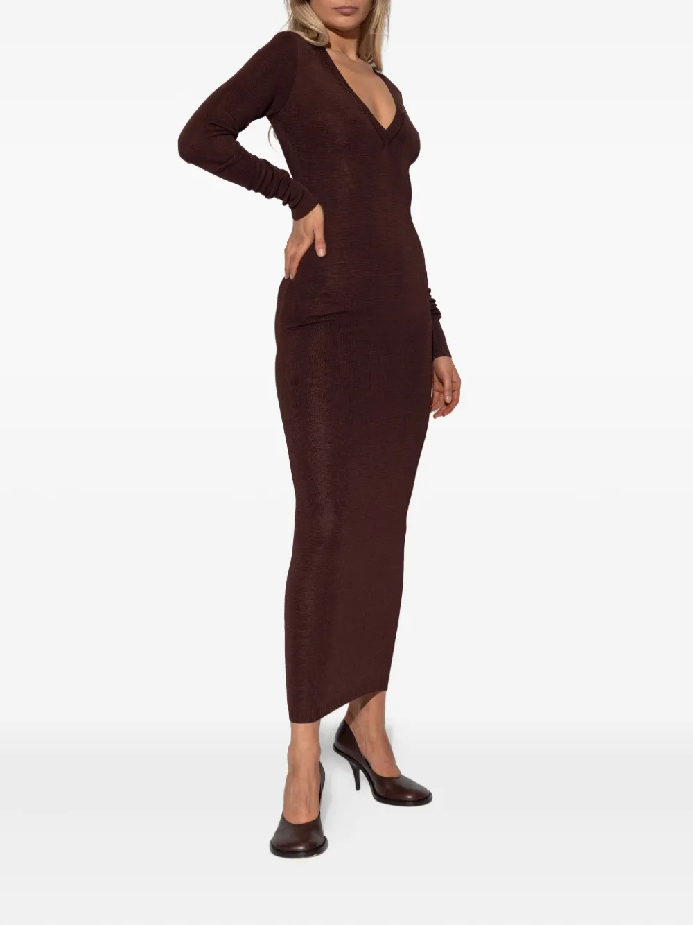 Entire Studios V-neck Long-sleeve Midi Dress In Brown