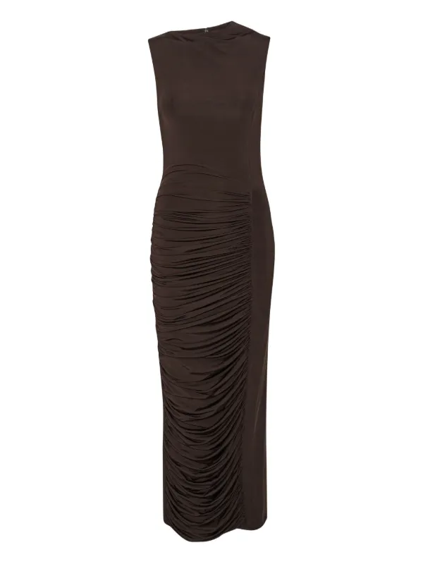kylie jenner brown suede dress Slay All Day Brown High Ruched Neck Split Midi Dress