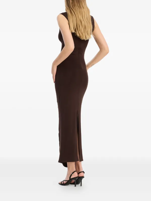 brown ruched midi dress WeWoreWhat Off Shoulder Ruched Midi Dress