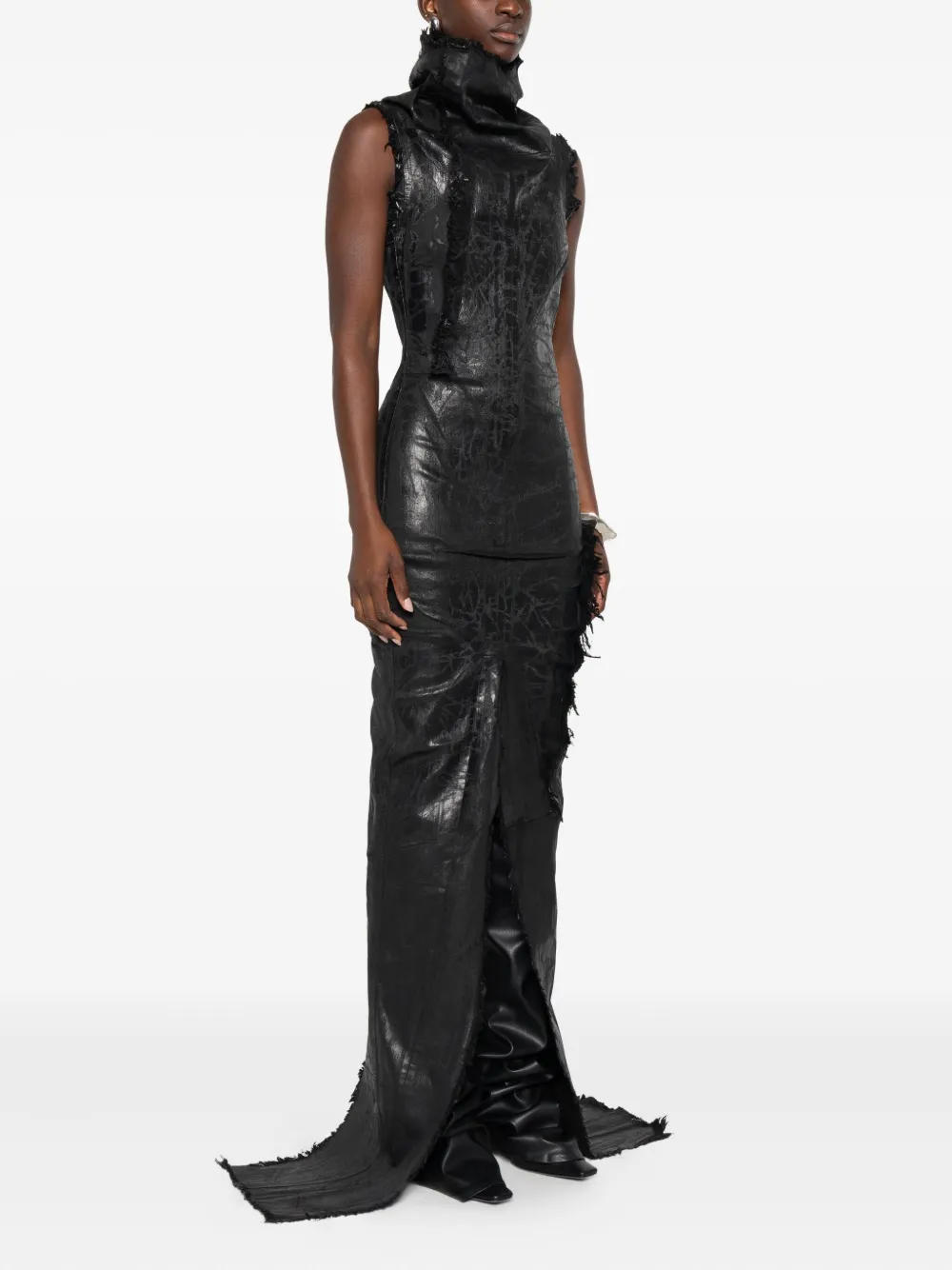 Rick Owens Womens Black Etna Split Coated Denim Maxi Dress In Black