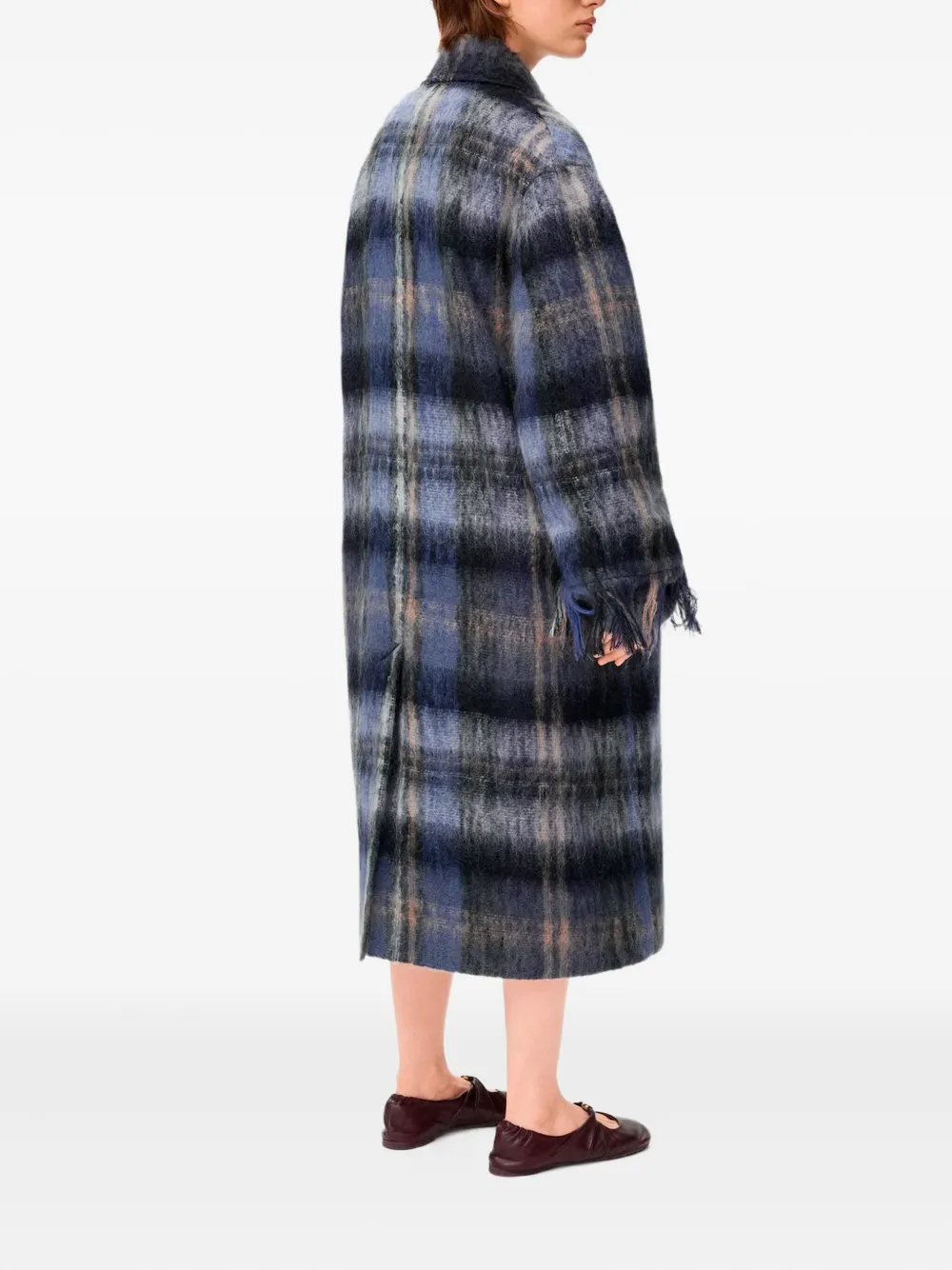 Loewe Plaid Fringed Coat In Blue