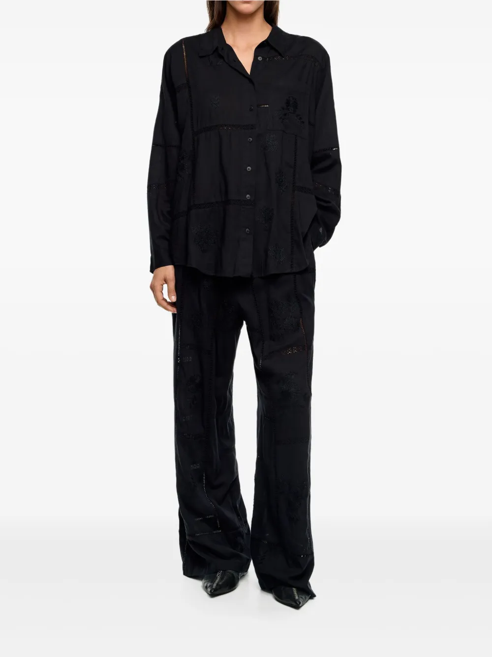 Bimba y Lola Broek met geborduurde bloemen - Zwart