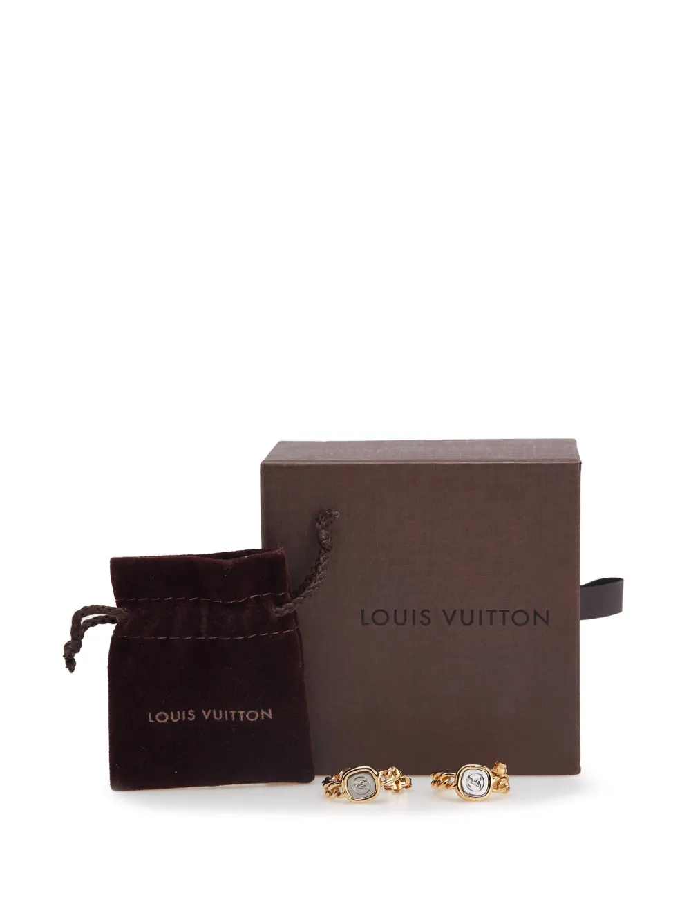 Pre-owned Louis Vuitton 2015 Gold Plated Lv Id Chain Hoop Push Back Earrings Costume Earrings