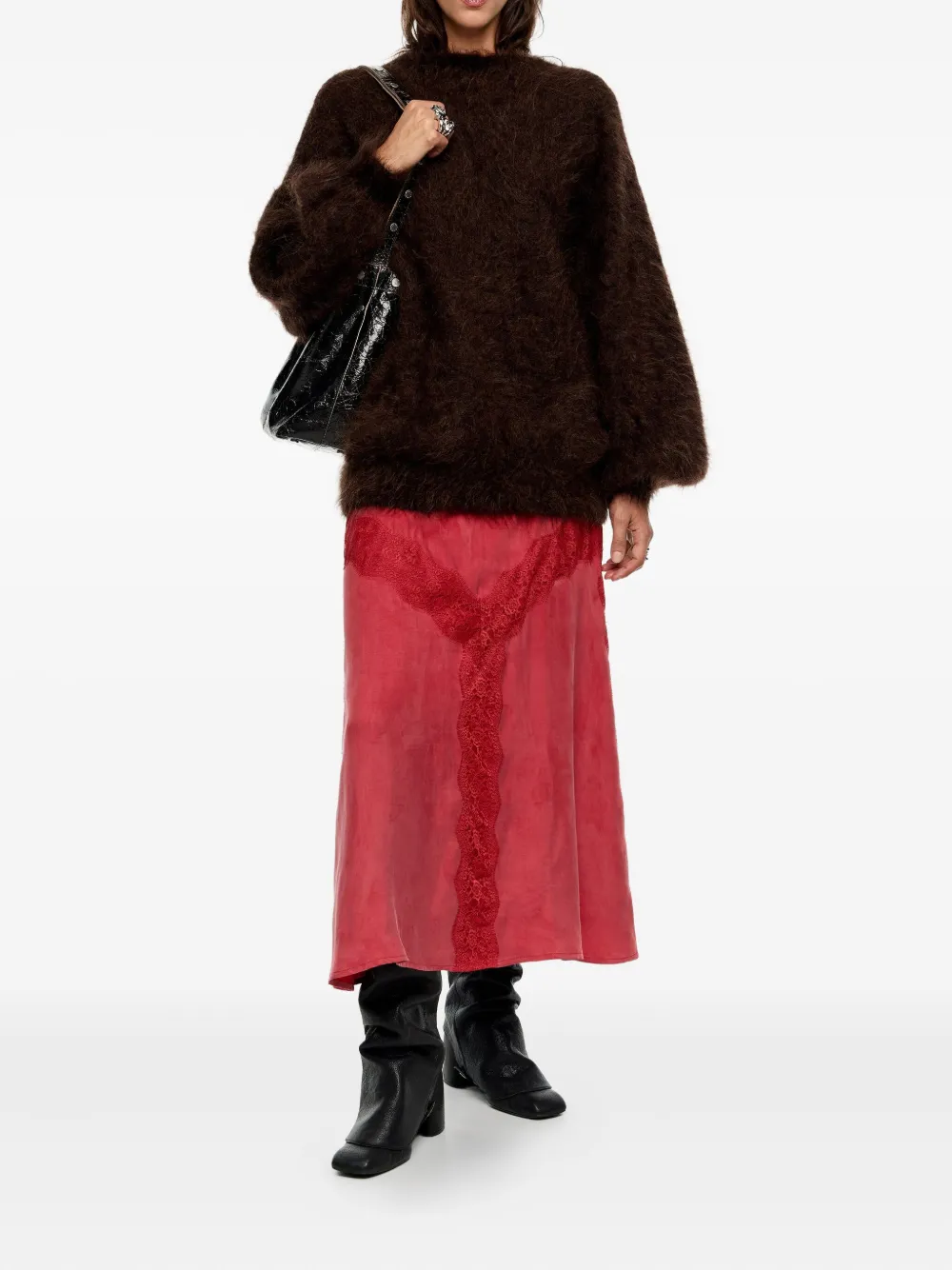 Bimba Y Lola Lace Panel Midi Skirt In Red