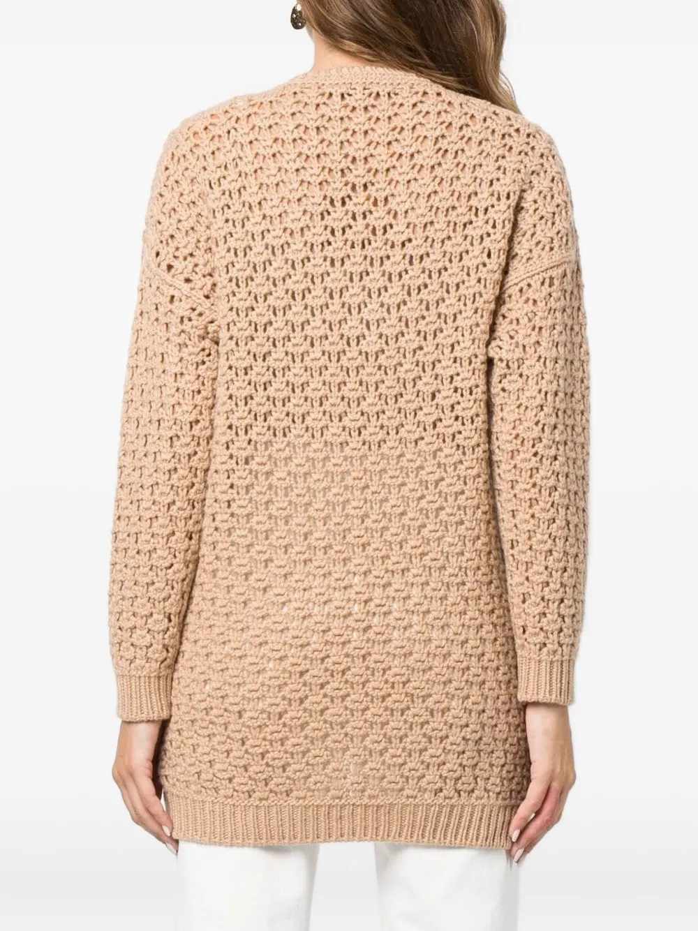 Agnona Beige Open-knit Sweater With V-neckline In Neutral