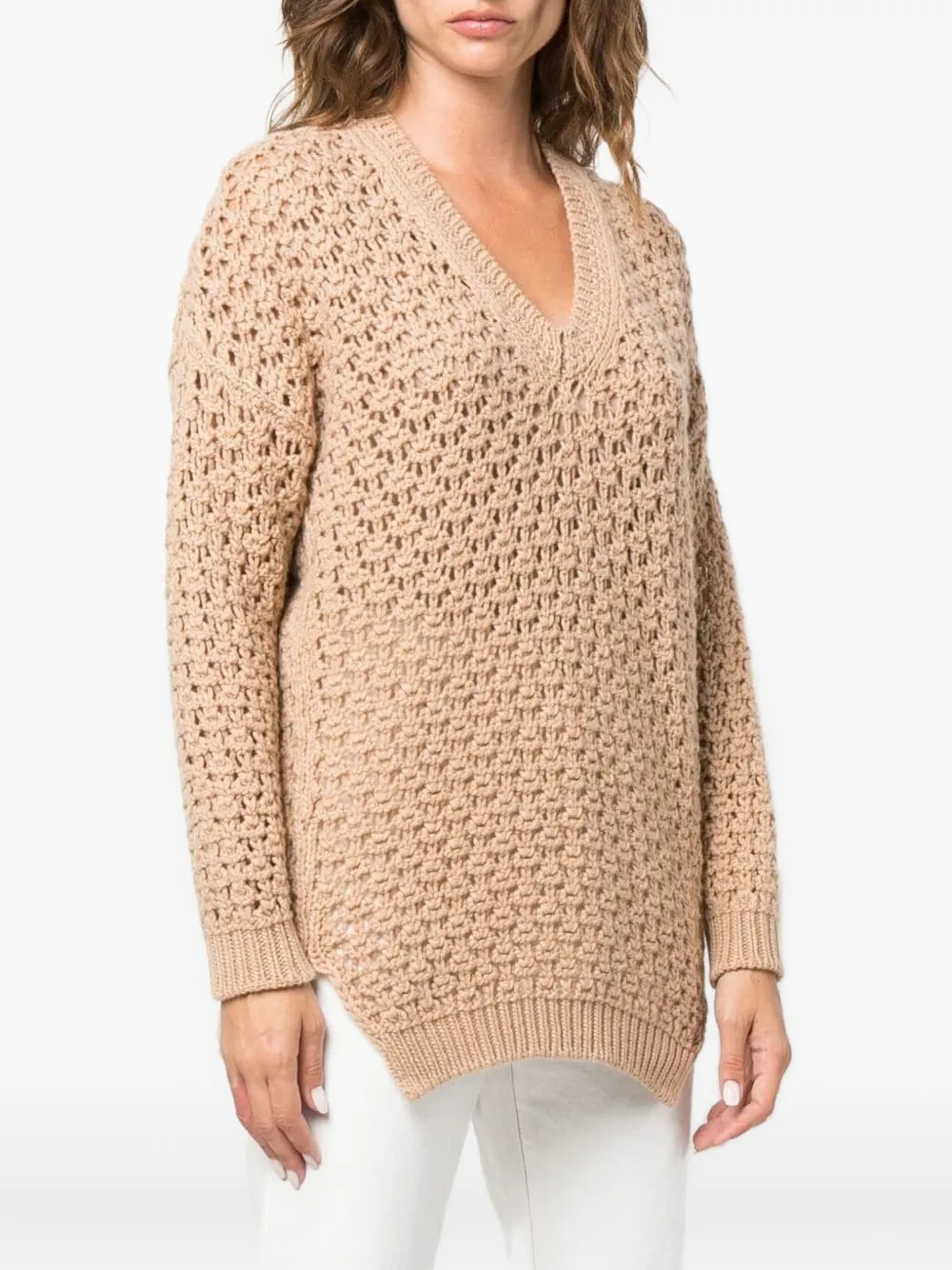 Agnona Beige Open-knit Sweater With V-neckline In Neutral