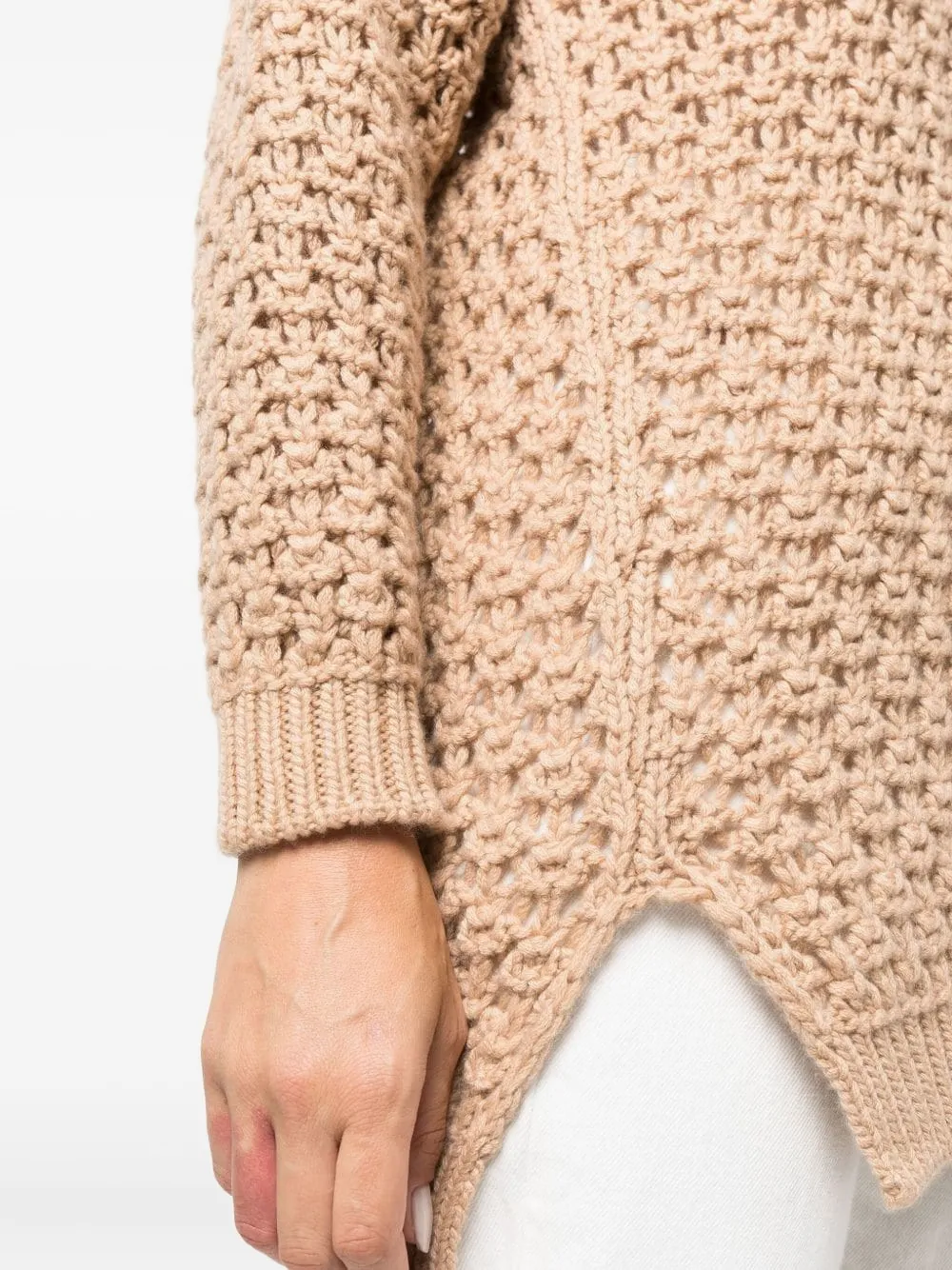 Agnona Beige Open-knit Sweater With V-neckline In Neutral