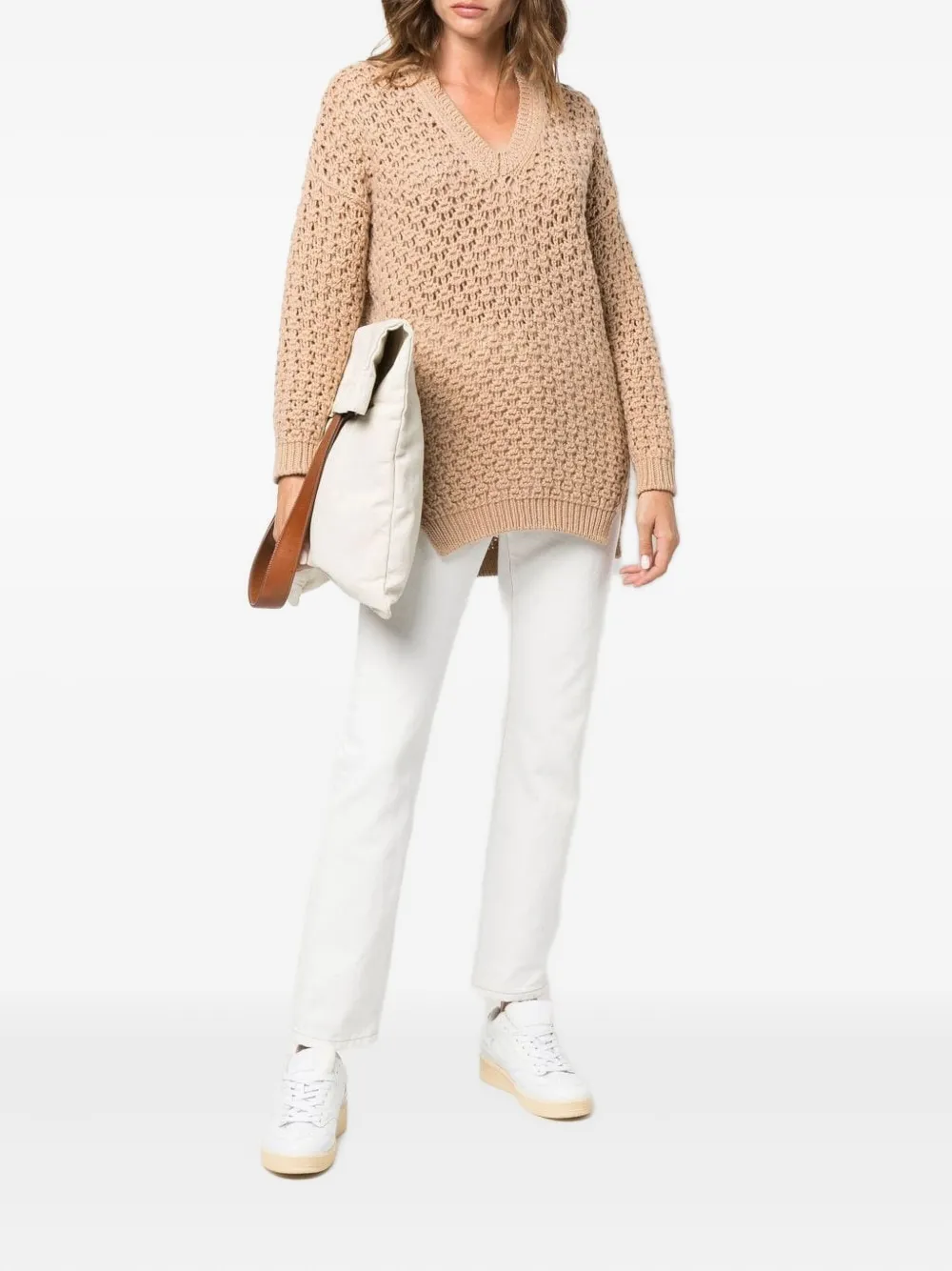 Agnona Beige Open-knit Sweater With V-neckline In Neutral