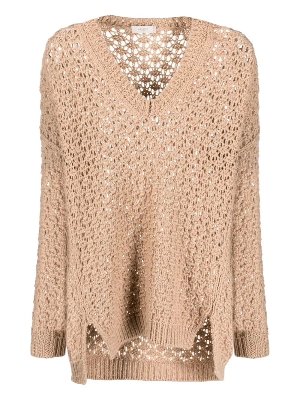 Agnona Beige Open-knit Sweater With V-neckline In Neutral