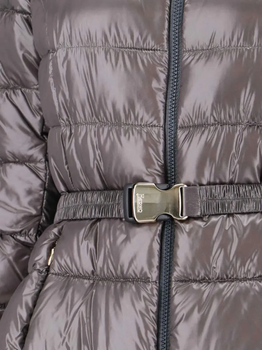 Herno Belted High Collar Long Quilted Shiny Jacket In Gray