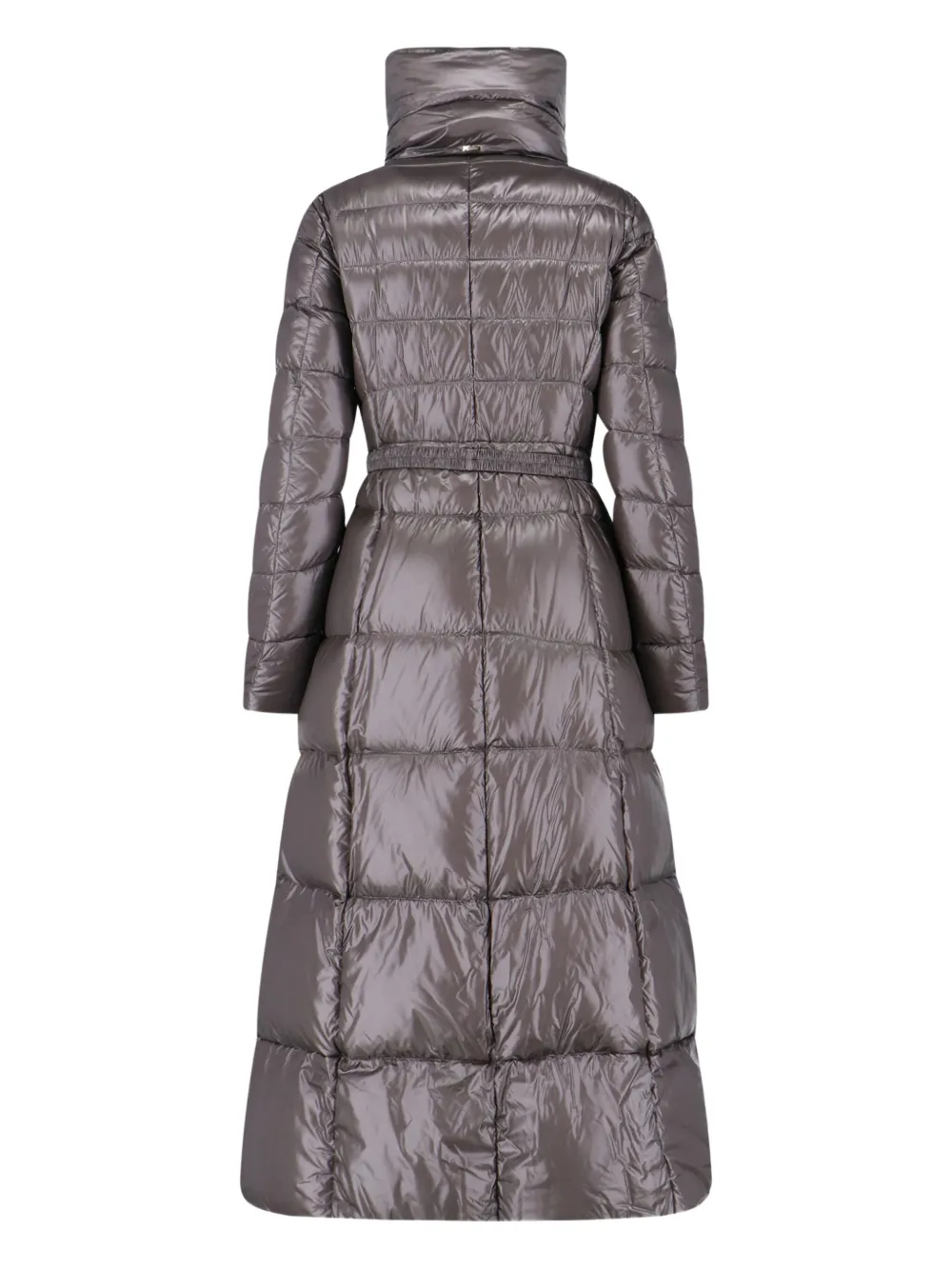 Herno Belted High Collar Long Quilted Shiny Jacket In Gray