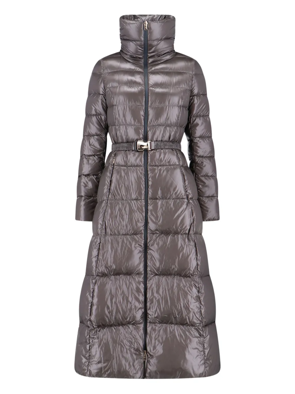Herno Belted High Collar Long Quilted Shiny Jacket In Gray