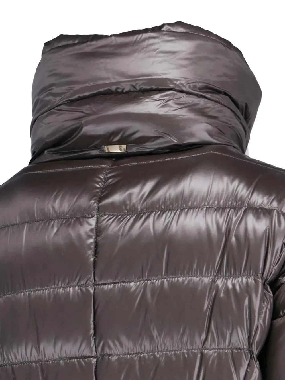 Herno Belted High Collar Long Quilted Shiny Jacket In Gray