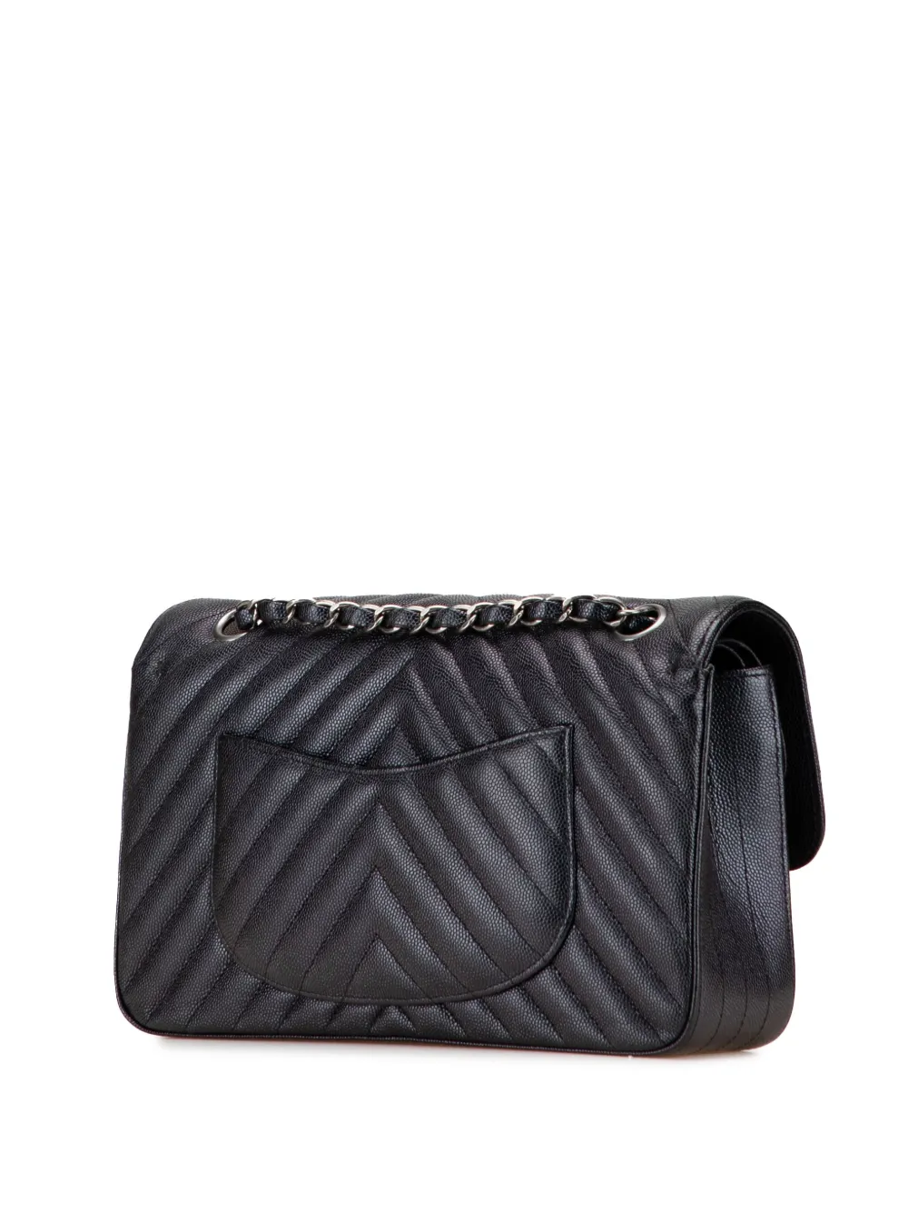 Pre-owned Chanel 2017-2018 Medium Classic Chevron Caviar Double Flap Shoulder Bag In Black