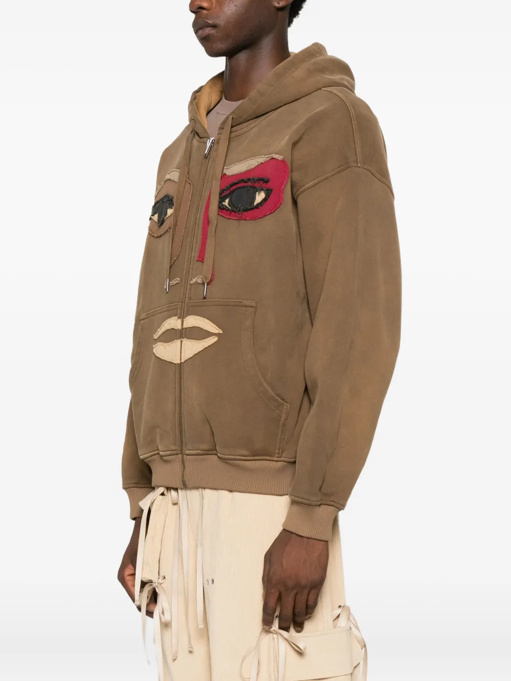 Kidsuper Mens Dark Brown Patchwork Face Zip-through Cotton-jersey Hoody In Brown