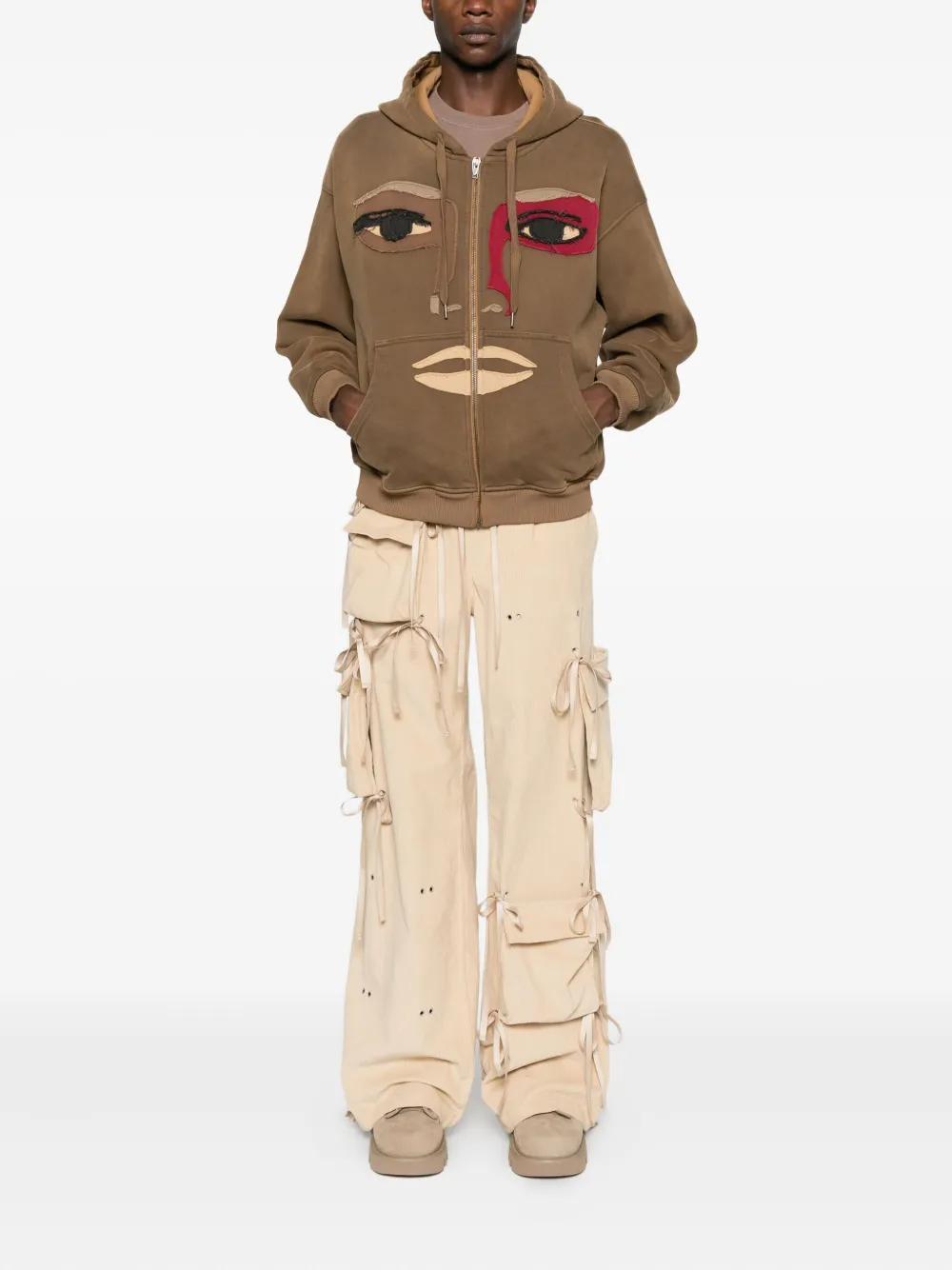 Kidsuper Mens Dark Brown Patchwork Face Zip-through Cotton-jersey Hoody In Brown