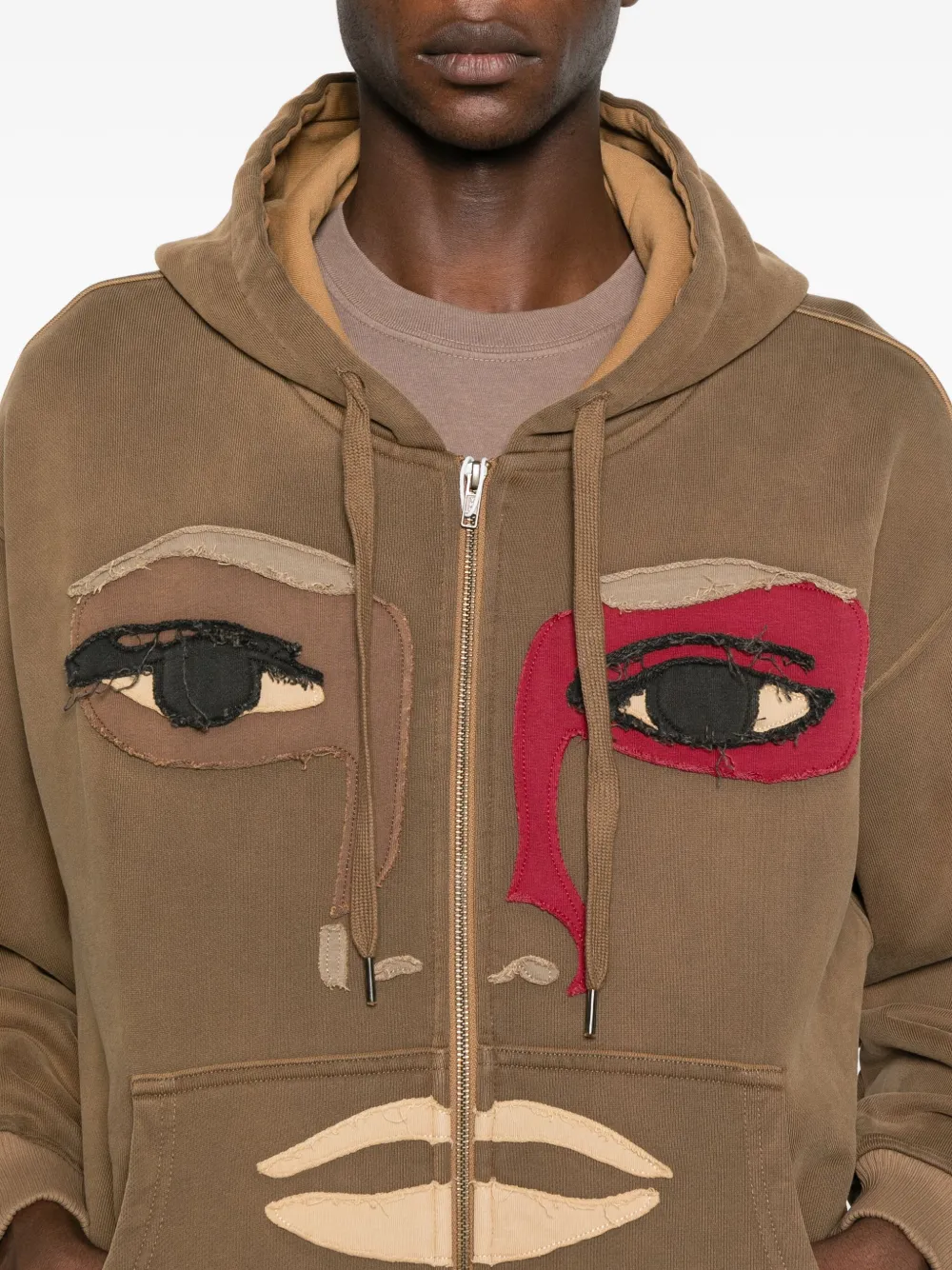 Kidsuper Mens Dark Brown Patchwork Face Zip-through Cotton-jersey Hoody In Brown