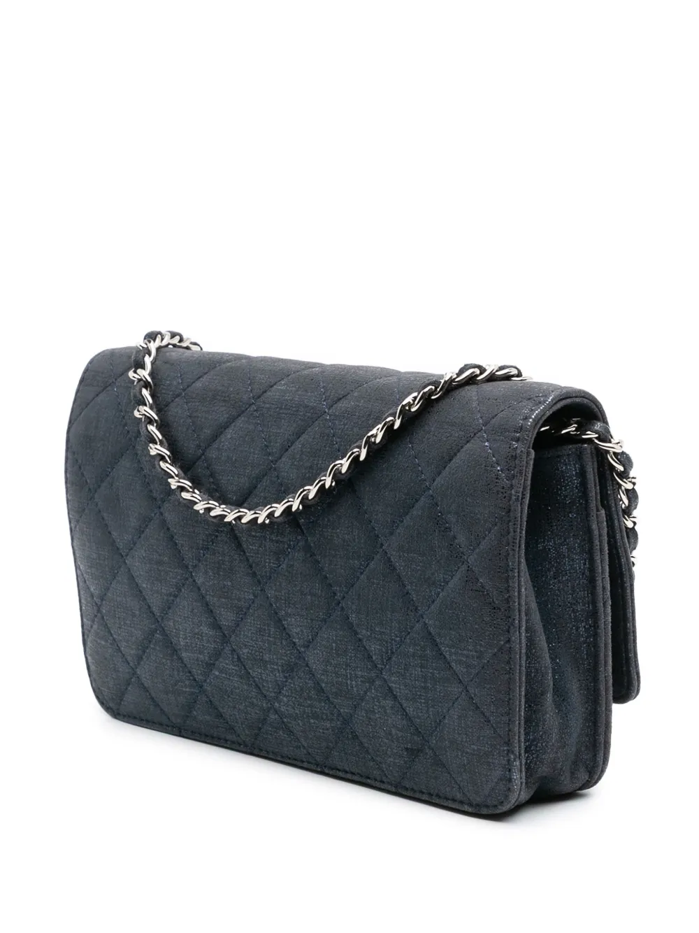 Pre-owned Chanel 2014 Cc Quilted Metallic Fabric Wallet On Chain Crossbody Bag In Blue