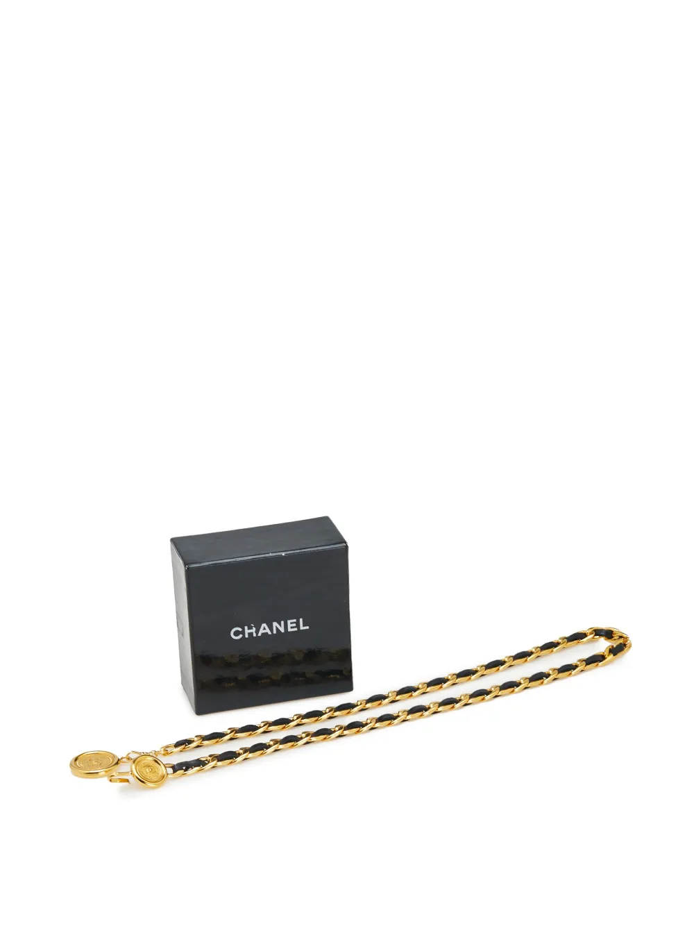 Pre-owned Chanel 20th Century Gold Plated Medallion Leather Woven Chain Belt In Black