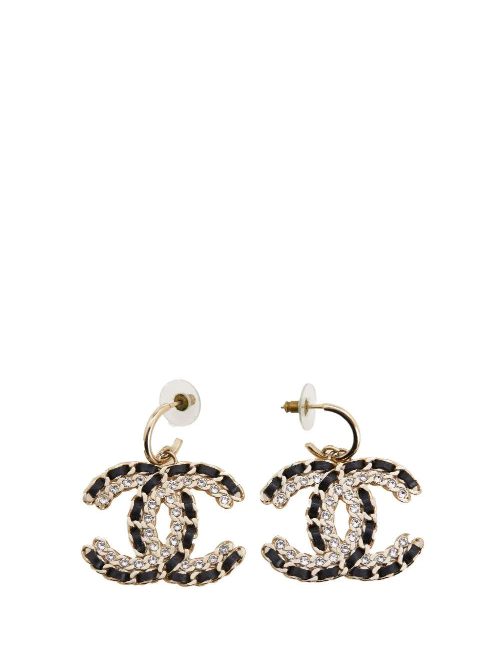 CHANEL Pre-Owned 2020 Gold Plated CC Leather Woven and Strass Drop CHANEL Pre-Owned 2020 Gold Plated CC Leather Woven and Strass Drop