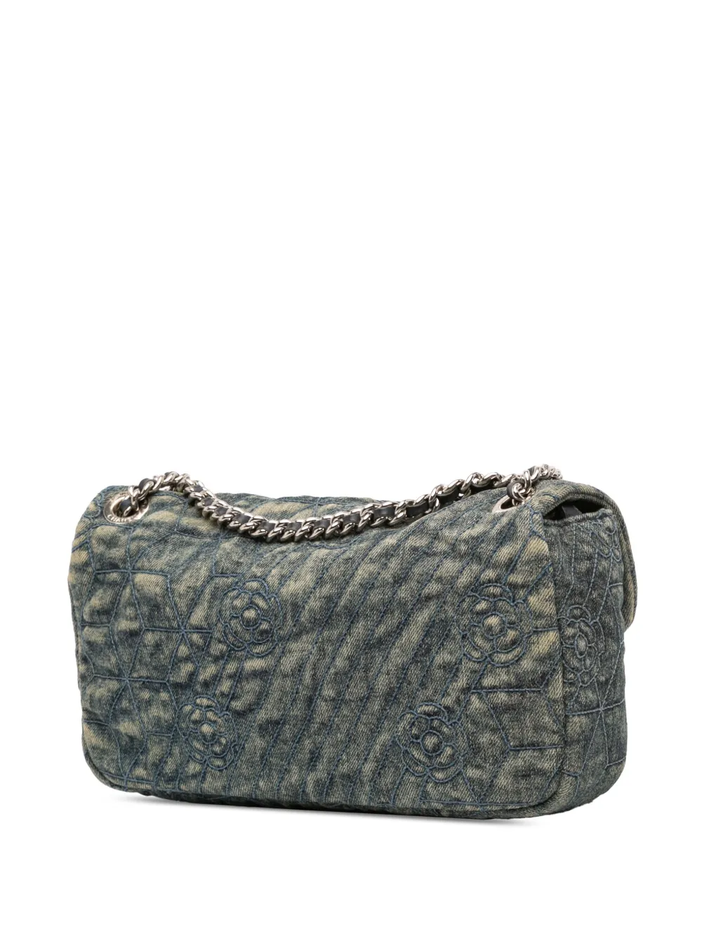 Pre-owned Chanel 2012 Medium Embroidered Denim Camellia Flap Shoulder Bag In Blue