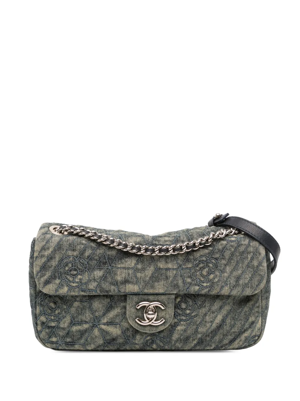 CHANEL Pre-Owned 2012 Medium Embroidered Denim Camellia Flap shoulder CHANEL Pre-Owned 2012 Medium Embroidered Denim Camellia Flap shoulder