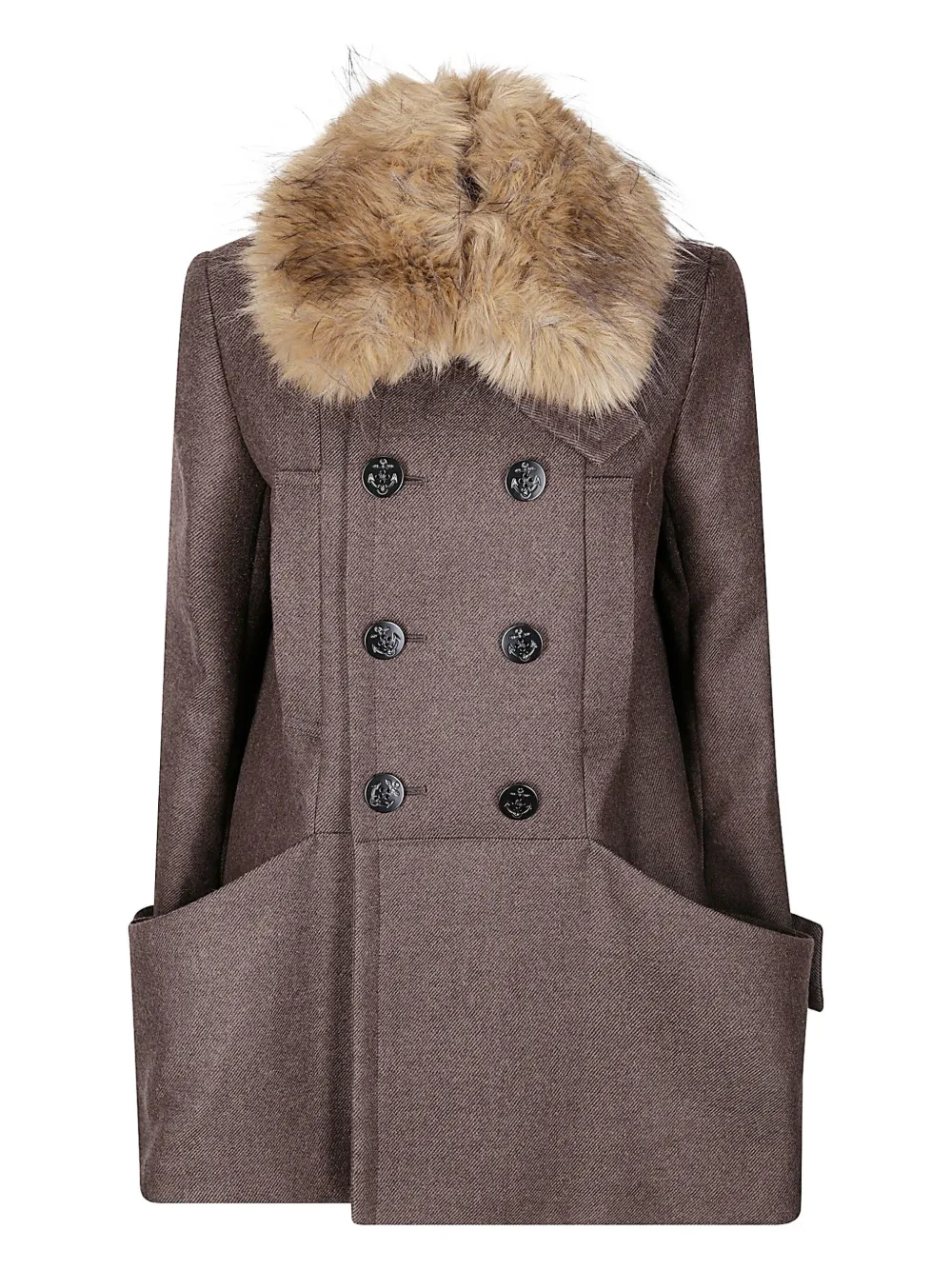 Sacai Fur-collar Double-breasted Wool Coat In Gray