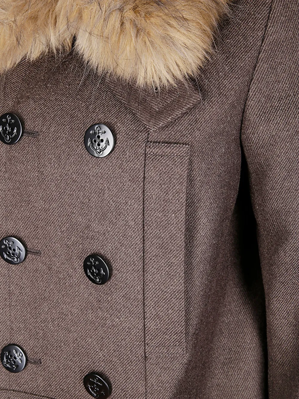 sacai Wollen jas met dubbele rij knopen en kraag van imitatiebont Bruin