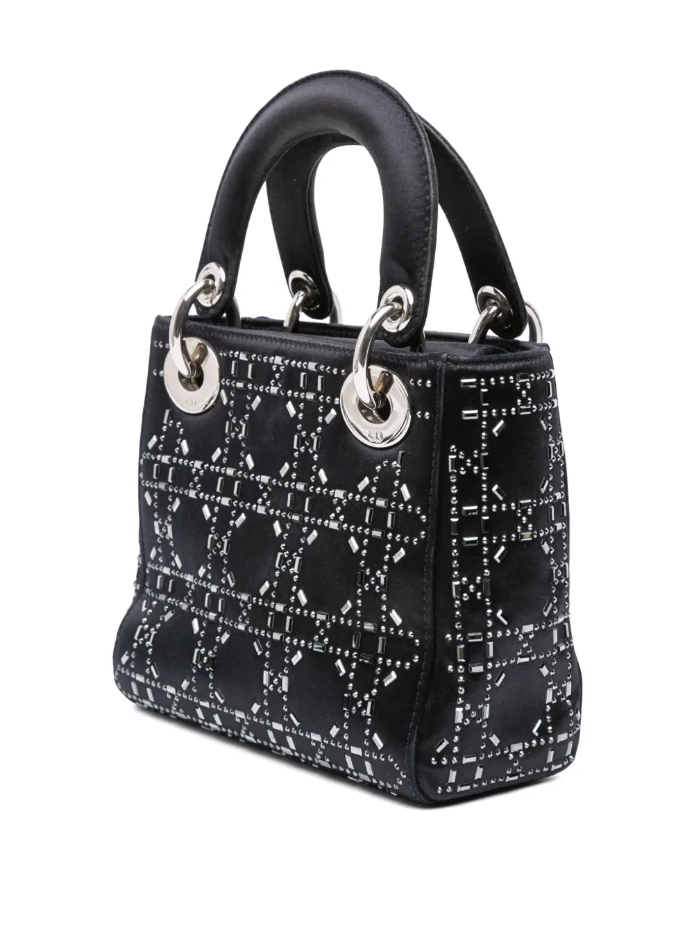 Pre-owned Dior 2017 Mini Satin Cannage Strass Crystal Embellished Lady  Satchel In Black