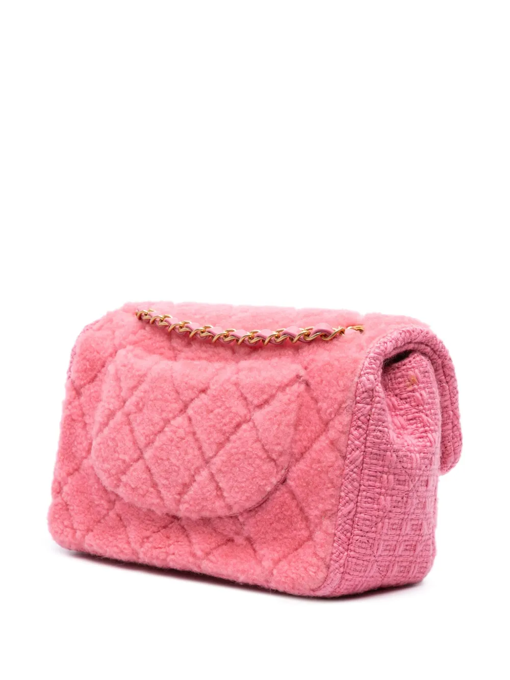 Pre-owned Chanel 2020 Cc Quilted Shearling And Tweed Single Flap Crossbody Bag In Pink