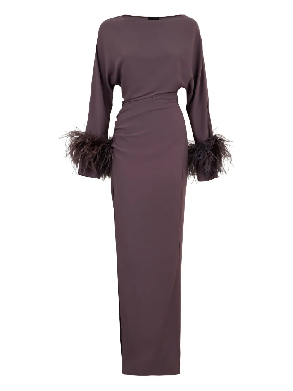 Lapointe Feather-trim Long-sleeve Maxi Dress In Brown