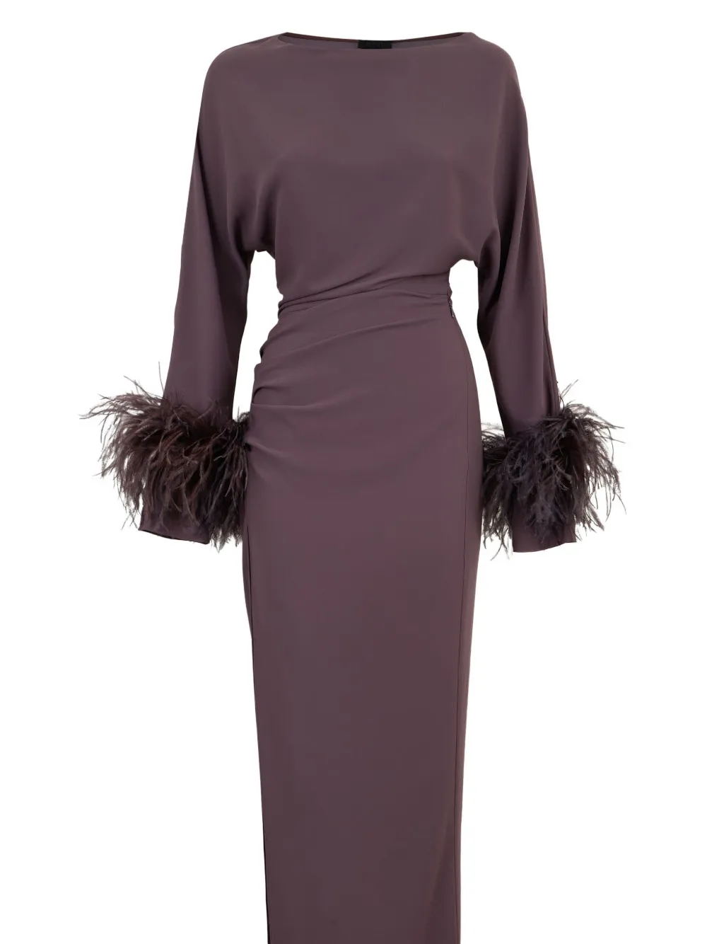 Lapointe Feather-trim Long-sleeve Maxi Dress In Brown