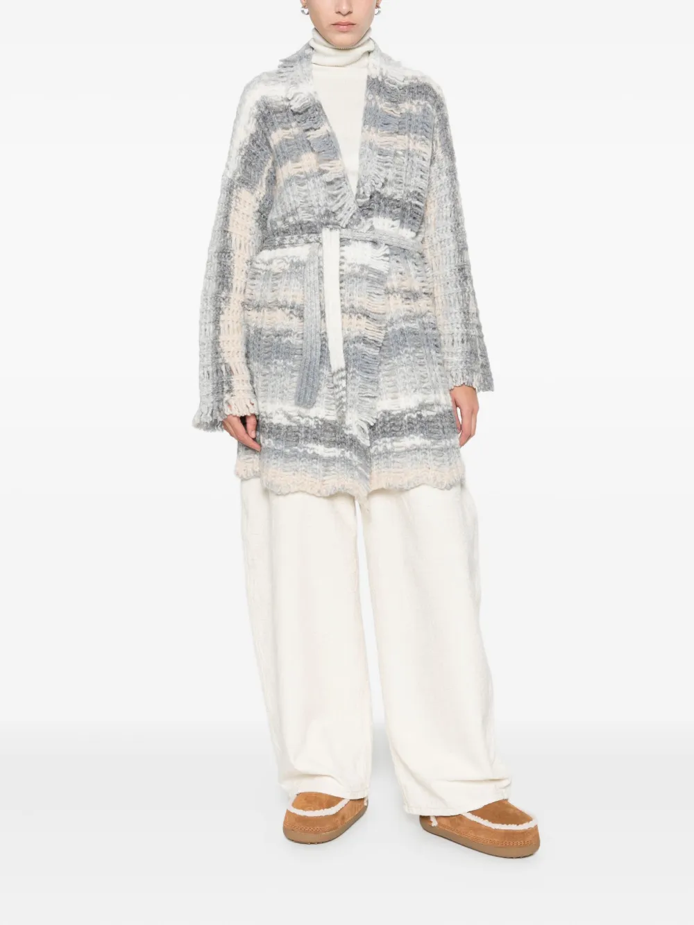 Kangra Cashmere Fringed Belted Cardigan In Gray