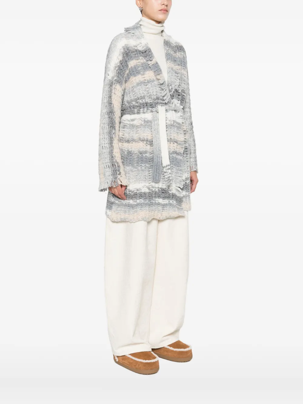 Kangra Cashmere Fringed Belted Cardigan In Gray