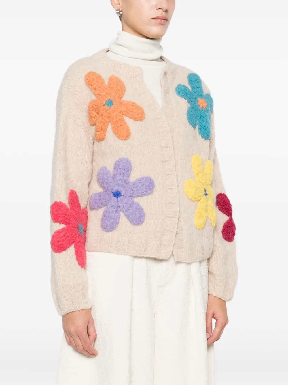 Frantic Marisol Floral-embellished Cardigan In Neutral