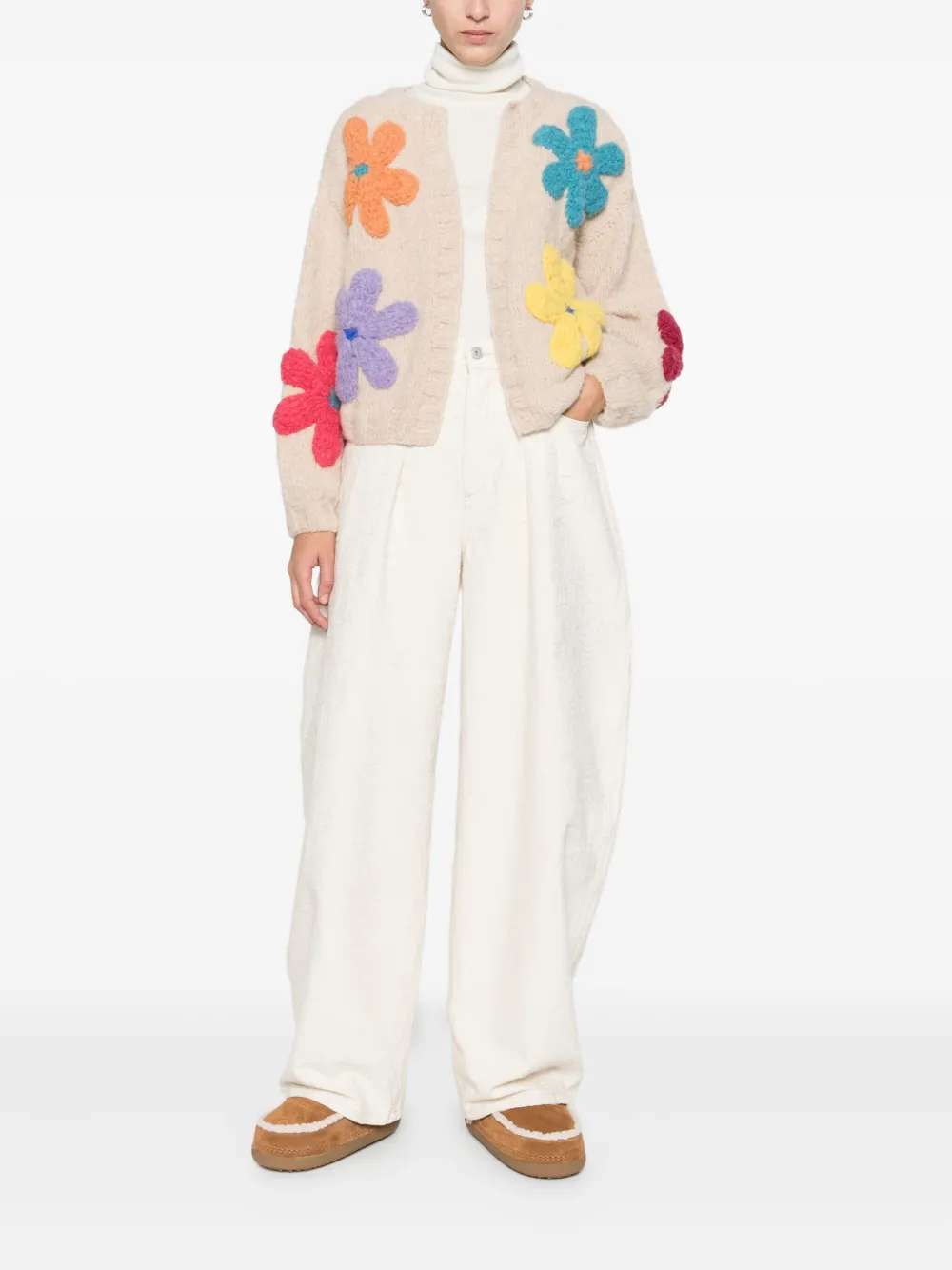 Frantic Marisol Floral-embellished Cardigan In Neutral