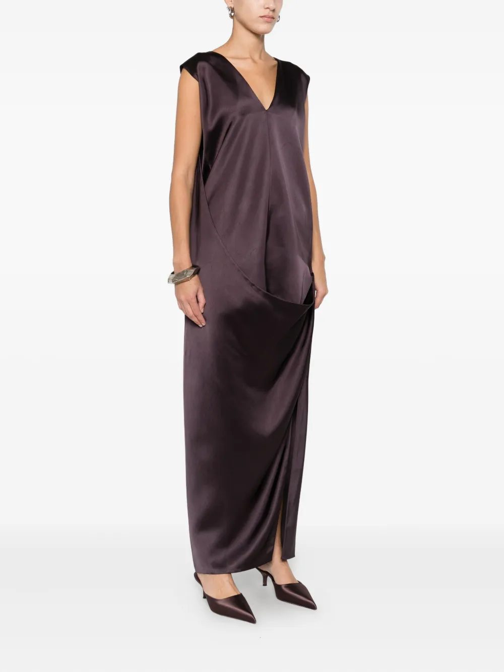 Sportmax V-neck Draped Maxi Dress In Burgundy