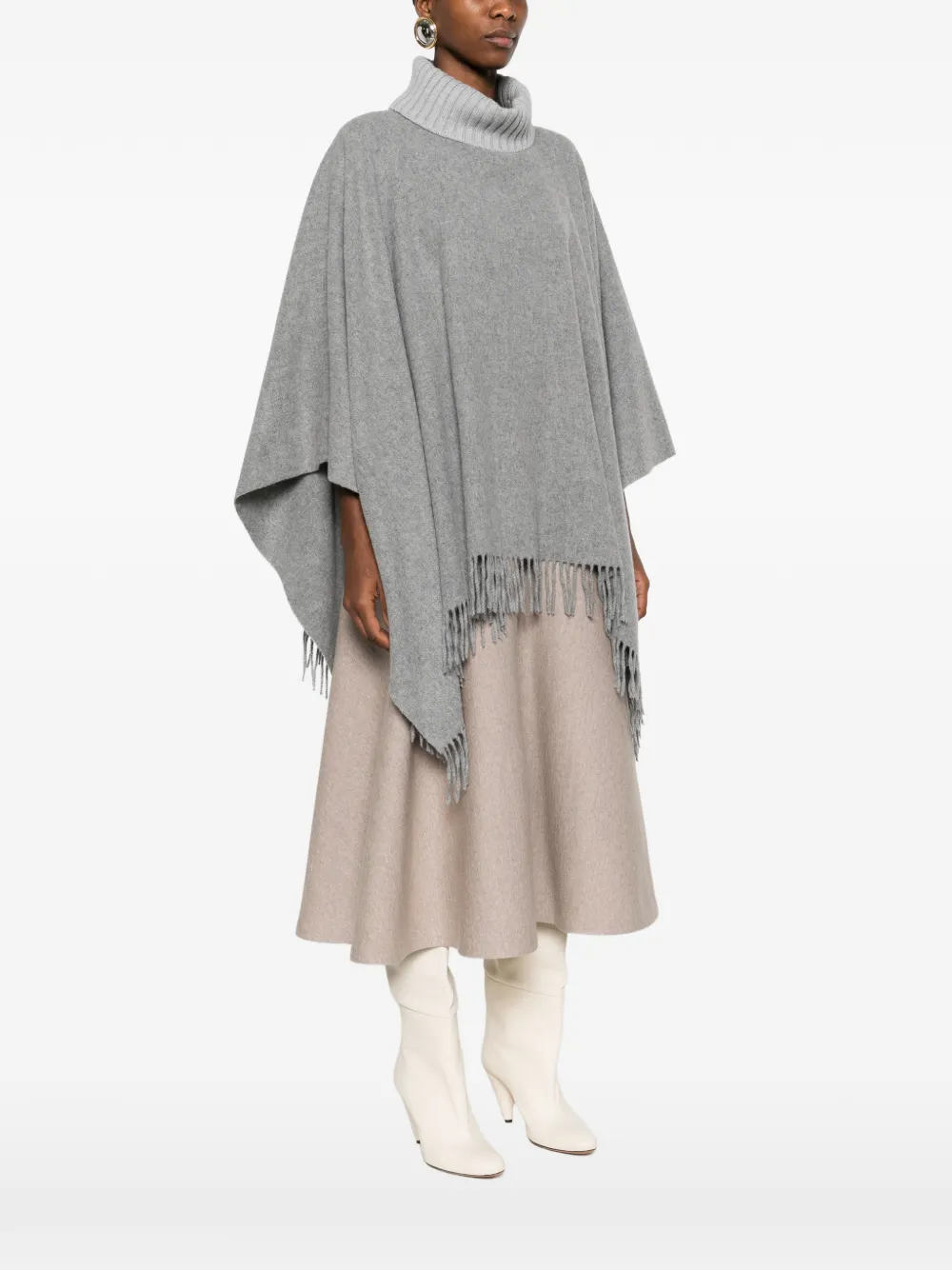  Gran Sasso Fringed Turtleneck Poncho - Grey 