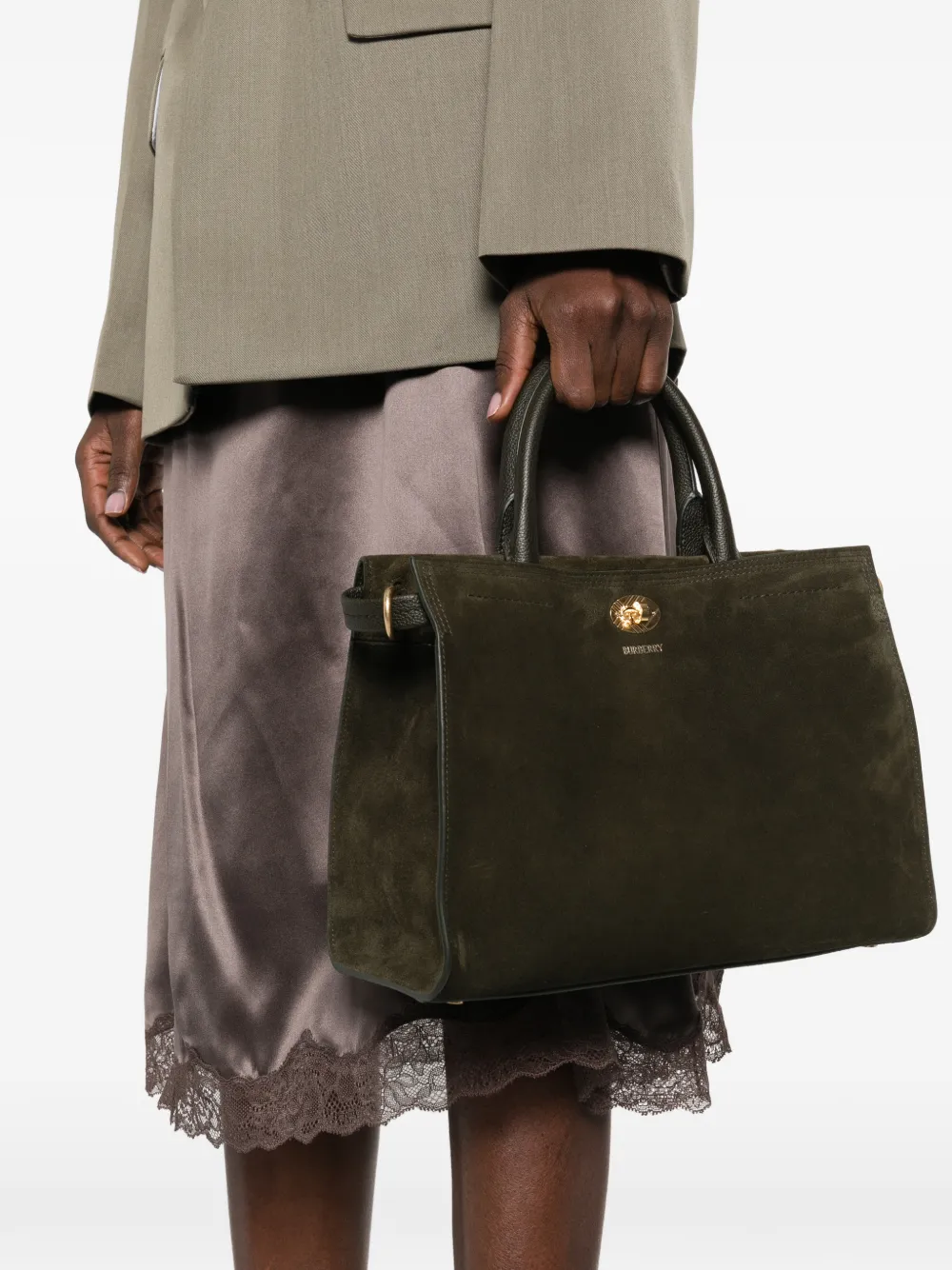 Burberry small Cotswolds suede tote bag - Groen