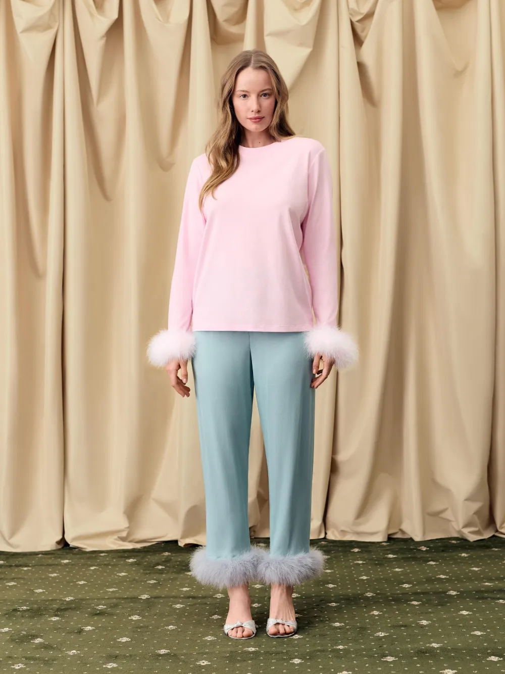 Sleeper Long Sleeve Stretch-cotton Jersey T-shirt With Detachable Feathers In Pink In Pink