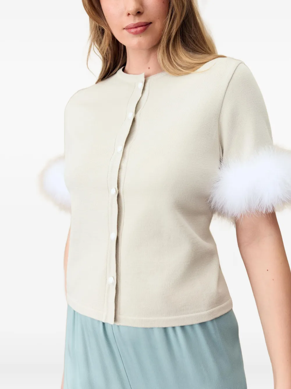 Sleeper Miss Kitty Short Sleeve Cardigan With Detachable Feathers In Beige In Neutral