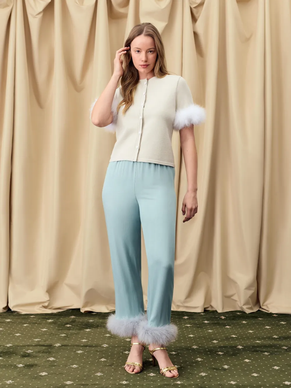 Sleeper Miss Kitty Short Sleeve Cardigan With Detachable Feathers In Beige In Neutral