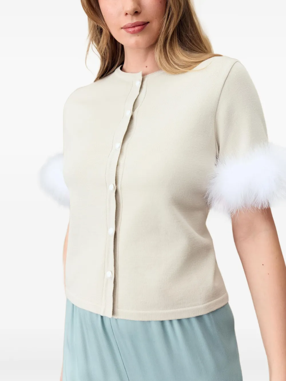 Sleeper Miss Kitty Short Sleeve Cardigan with Detachable Feathers in Beige | Cardigans | Image 2