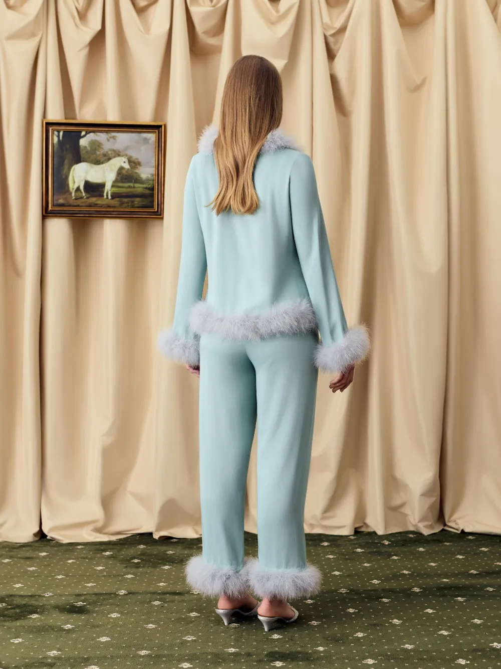 Sleeper Venus In Love Pants With Detachable Feathers In Dove Blue In Green