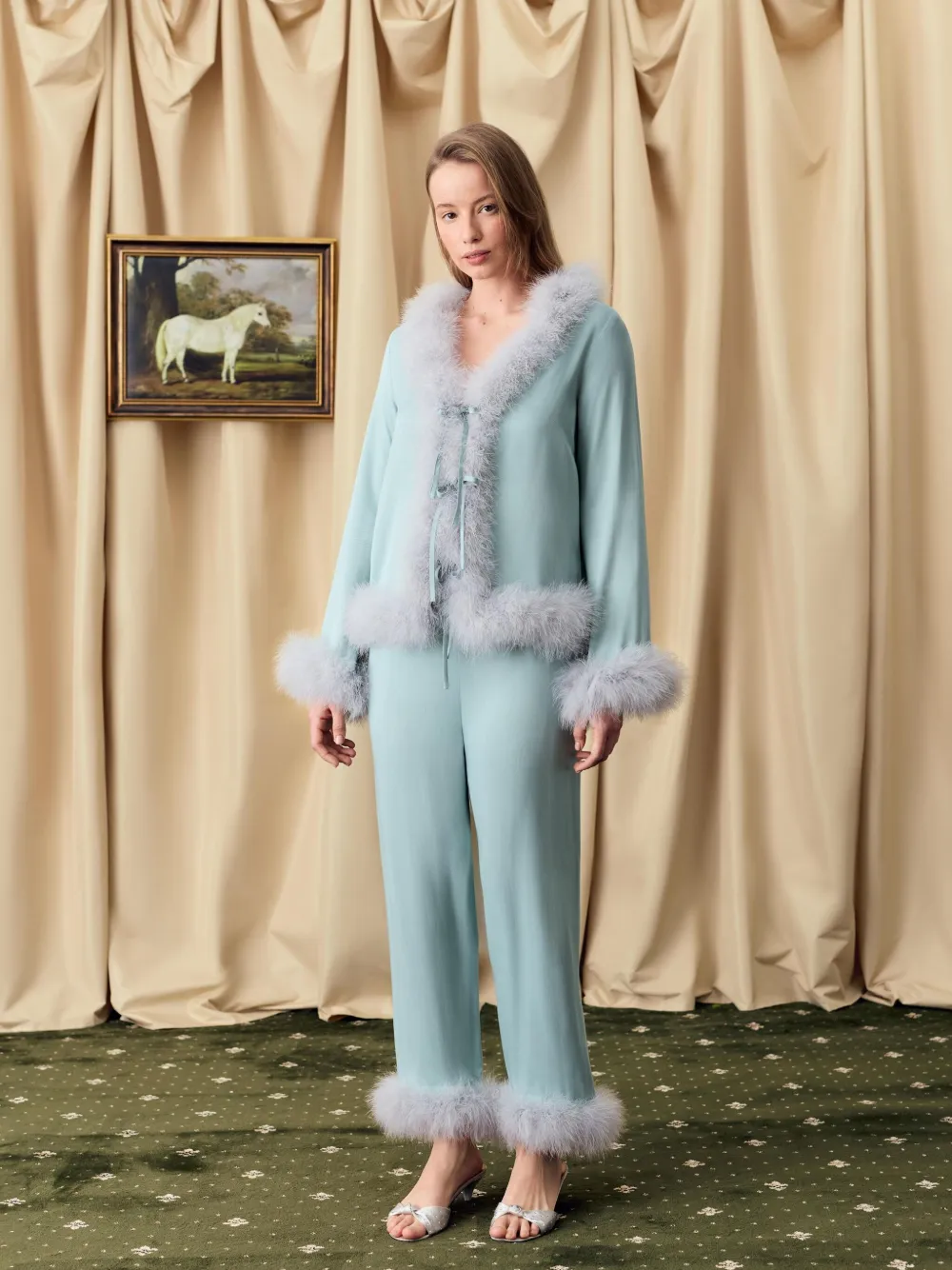 Sleeper Venus In Love Pants With Detachable Feathers In Dove Blue In Green