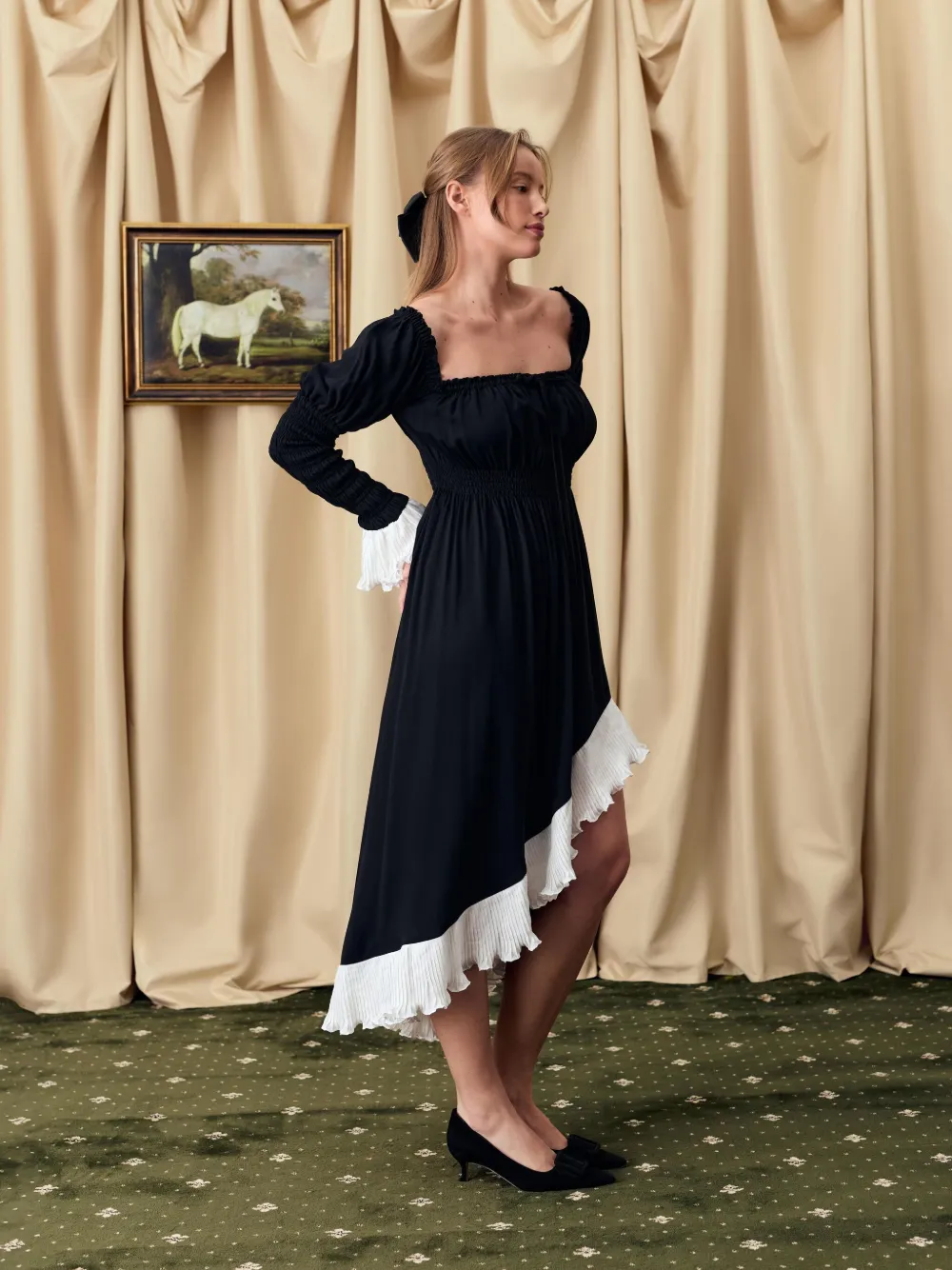 Sleeper Juliette Shirred Asymmetric Dress In Black In Black