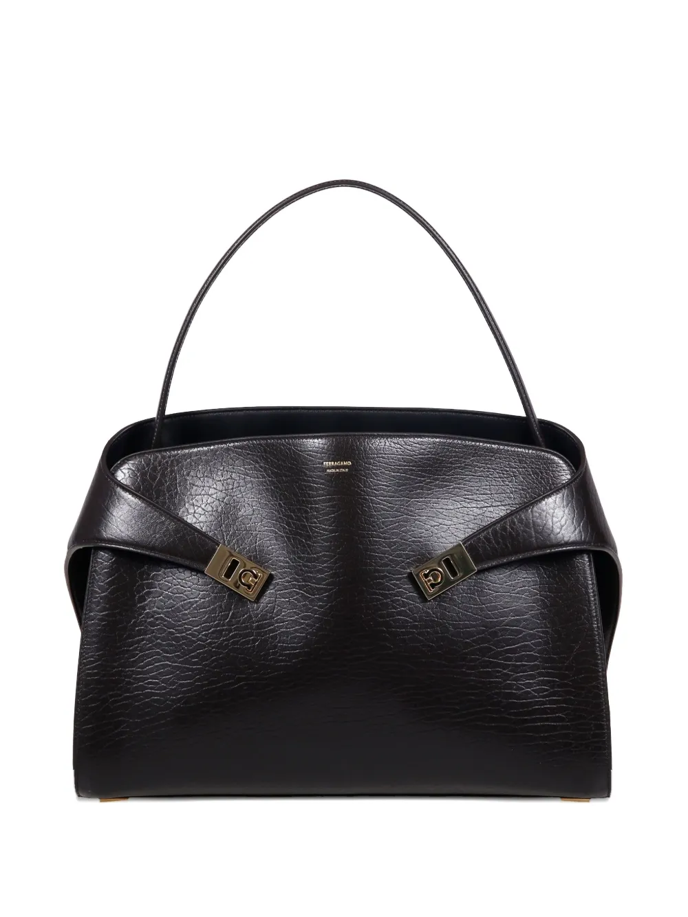 Ferragamo Maxi Grain Bicolor Structured Shoulder Bag In Brown