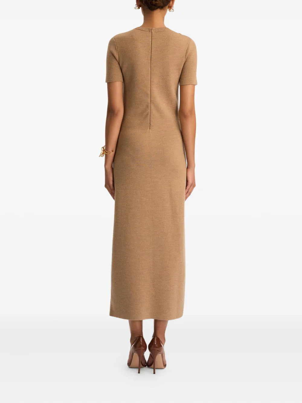Oscar De La Renta Foxglove Embroidered Short-sleeve Knit Maxi Dress In Brown